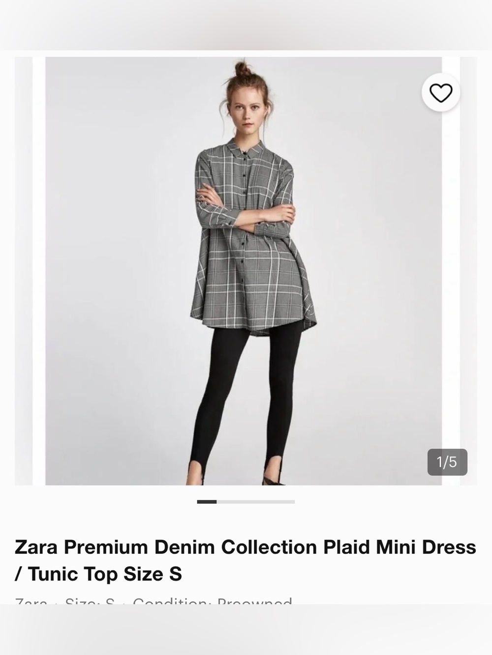 Zara Premium Collection Black/White Plaid Long-Sleeve Tunic Dress Size XS